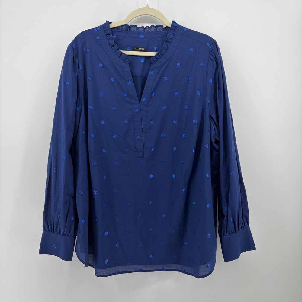 Talbots Womens 2X Blue Blouse Metallic Polka Dot Ruffle Neck Long Sleeve Top